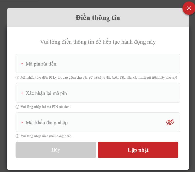 Bước 1: Thêm mã pin rút tiền